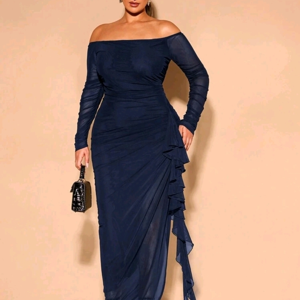SHEIN Navy Strapless Dress with Ruffle Detail